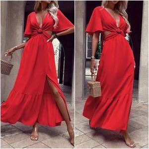 [XL-4XL] Puff-Sleeve V-Neck Butterfly Print Lace Trim Maxi A-Line Dress main image 1